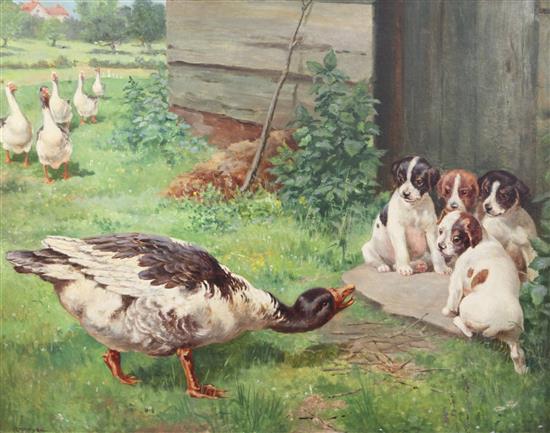 George Derville Rowlandson (1861-1928) Geese and puppies 17 x 21.5in.